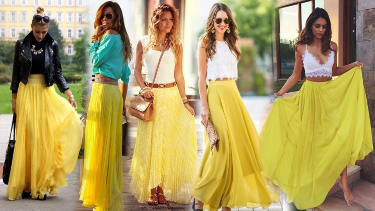С чем носить длинную юбку желтого цвета?