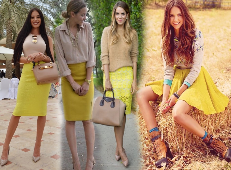 Желтые юбки с бежевой одеждой и аксессуарами