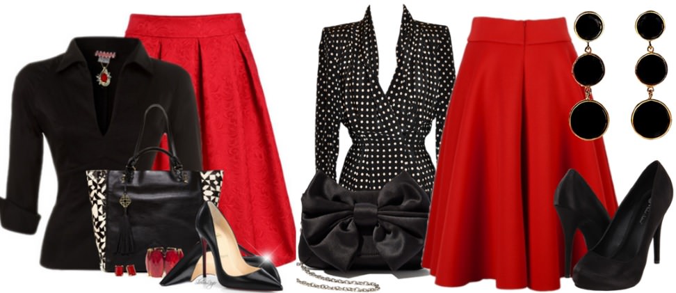 Расклешенная красная юбка с черно-белыми блузами