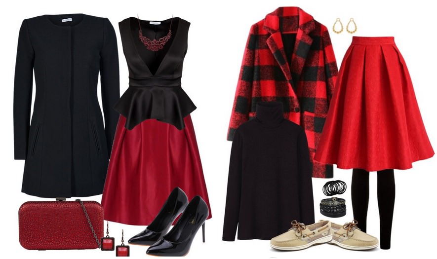 Сочетание красной юбки с черными нарядами