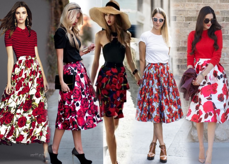 С чем носить юбку с цветочным принтом с красными цветами?