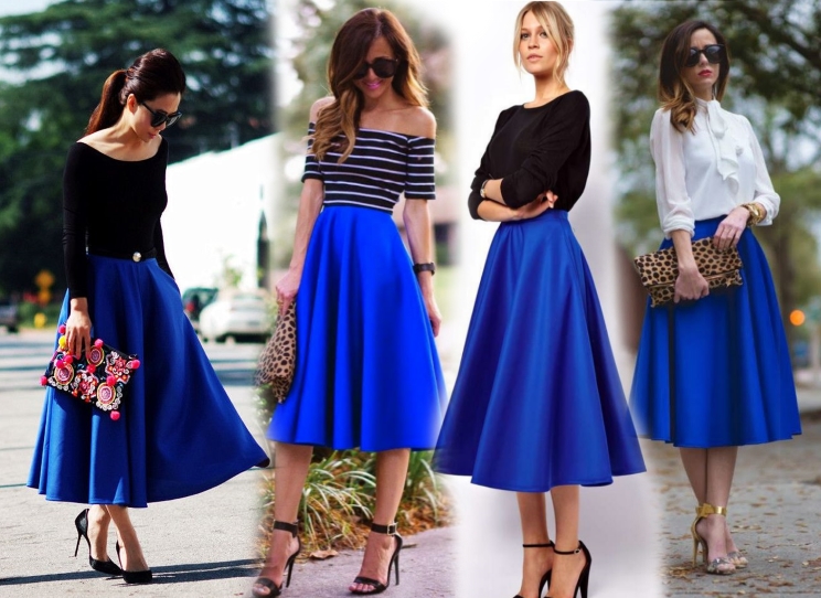 С чем носить синюю юбку миди?