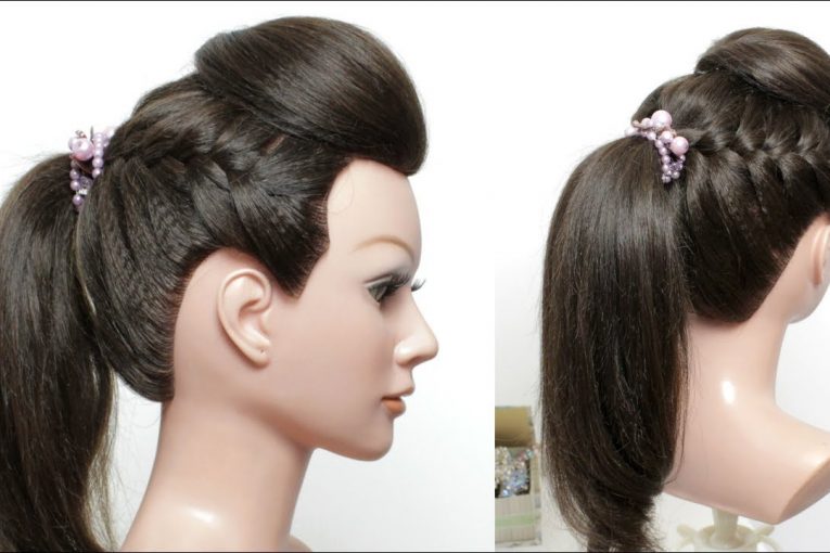 Hairstyle For Long Hair. Ponytail With Front Puff And French Braids